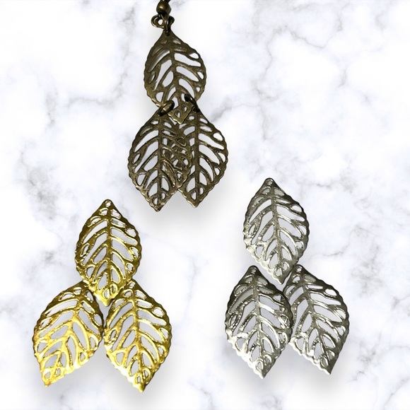 Handmade Leaf Earrings Brass Filigree Dangle Statement Leaves Pierced Boho - Picture 7 of 9